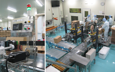 個包装に加えて段ボール上でも印字検査を実施し信頼性を確保。MVSは広視野かつコントラストの低い文字でも認識可能で段ボールに最適。