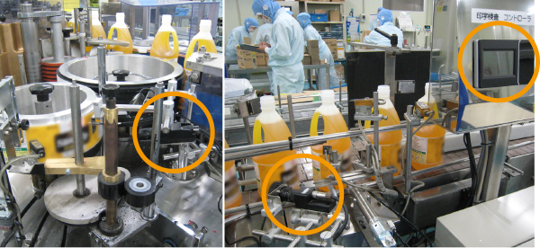 ラベル貼付前にMVS-OCR2で印字検査（左）、貼付後にMVS-PM-Rでラベル有無検査（右）。こうした2カメラによる複合検査も1コントローラで管理。
